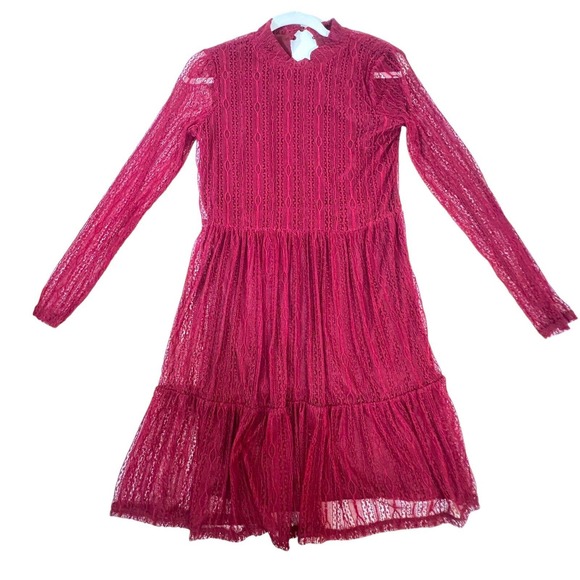 Lily Rose Womens Size L Midi Dress Red Lined Sheer Long Sleeve Lace Stretch - Picture 1 of 13